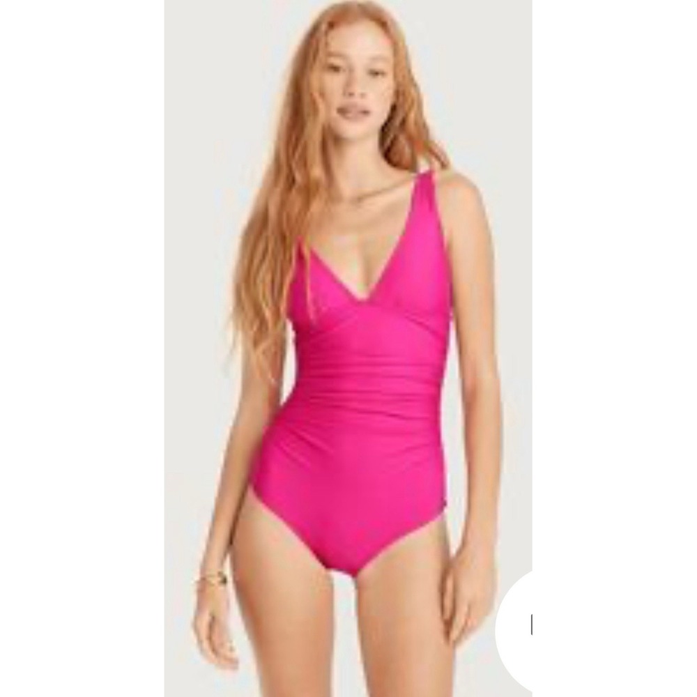 $118 Ruched plunge one-piece swimsuit SIZE 10 Barbie Pink